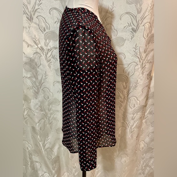 Ann Taylor Petite Black & Red Sheer Button Front Long Sleeve Blouse - Picture 2 of 5